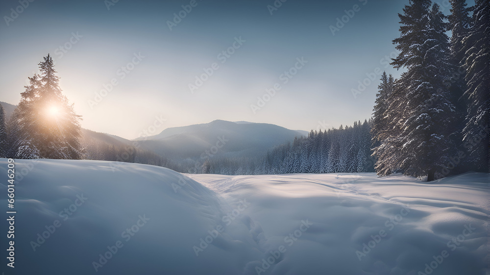Beautiful winter landscape with snow covered trees in the Carpathian mountains