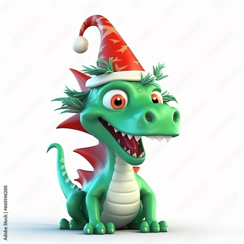 Green dragon wearing red new year hat, symbol of new year 2024, chinese new year, funny cute cartoon 3d illustration on white background, creative avatar Green dragon wearing red new year hat, symbol of new year 2024, chinese new year, funny cute cartoon 3d illustration on white background, creative avatar