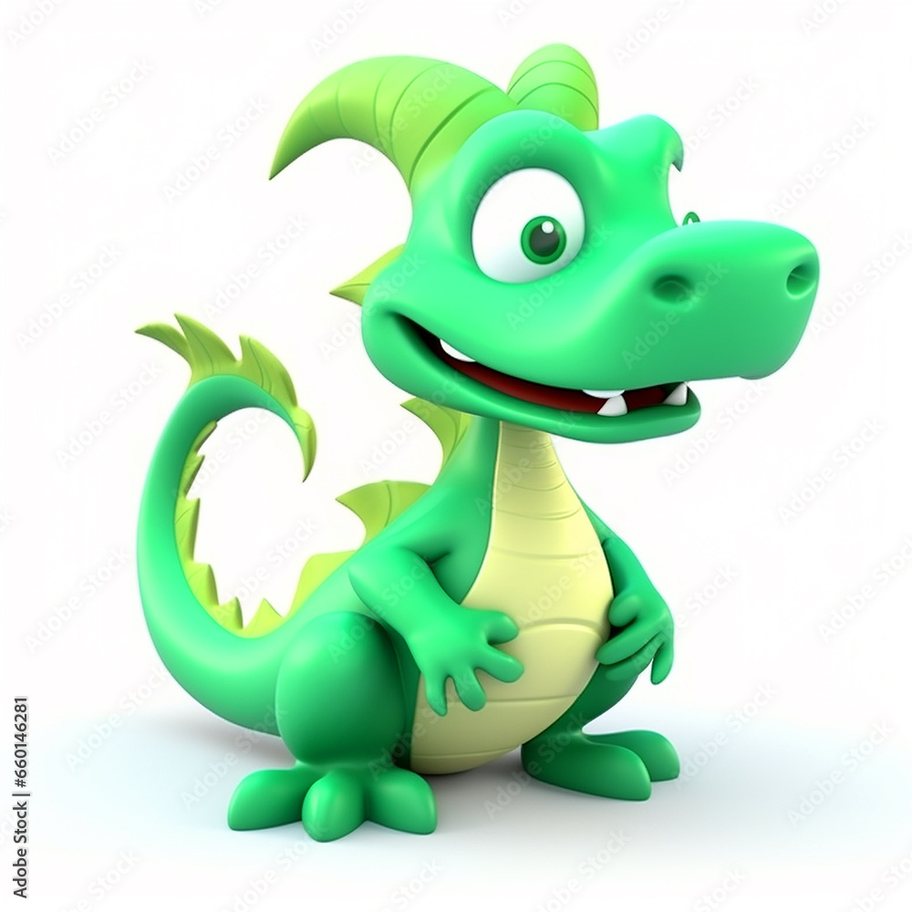Naklejka premium Green dragon, symbol of new year 2024, chinese new year, funny cute cartoon 3d illustration on white background, creative avatar