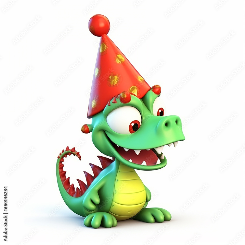 Naklejka premium Green dragon wearing red new year hat, symbol of new year 2024, chinese new year, funny cute cartoon 3d illustration on white background, creative avatar