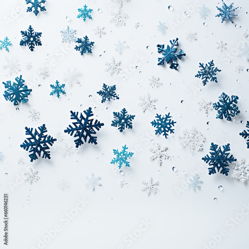 Background of snowflakes of different shapes on a white background, for the design of New Year's Christmas invitations, cards