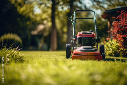 Lawn mower cutting green grass in backyard photo