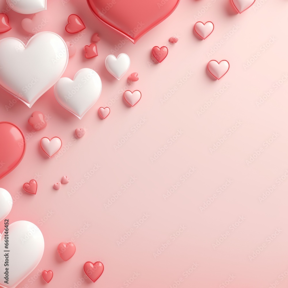 Copy space with hearts on pastel pink background. Valentine's Day or Women's Day. Card note, flat lay, top view.