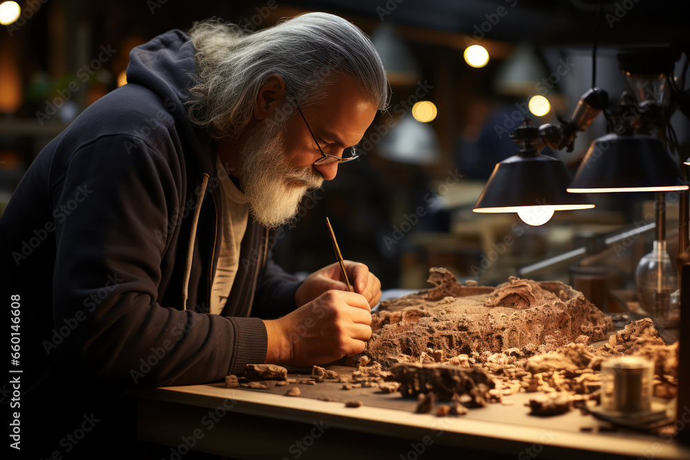 A researcher using radiocarbon dating to determine the age of ancient artifacts and fossils. Concept of archaeological dating methods. Generative Ai. A researcher using radiocarbon dating to determine the age of ancient artifacts and fossils. Concept of archaeological dating methods. Generative Ai.