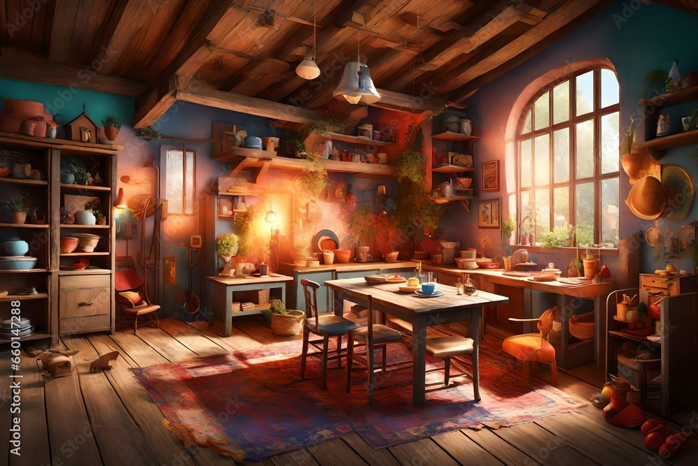  image of an imaginative village-themed room interior, where vibrant colors and whimsical décor create a playful and magical atmosphere. 