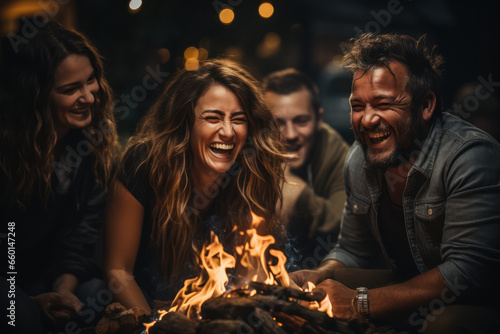 A group of friends sharing hearty laughs around a bonfire, showcasing the bonding power of humor. Concept of humor in social gatherings. Generative Ai.