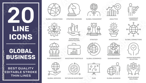 Modern thin line icons set of global business services and worldwide operations. Premium quality outline symbol collection. Simple linear pictogram pack for web graphics. Editable Stroke. EPS 10