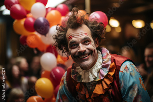 A clown performing at a children's birthday party, creating a world of whimsy and laughter for young ones. Concept of humor in children's entertainment. Generative Ai.