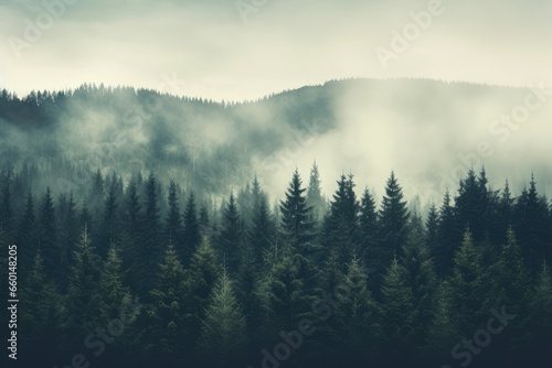 Misty landscape with fir forest