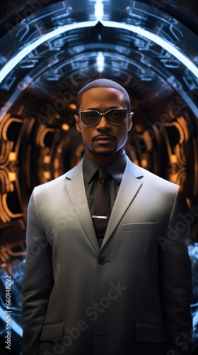 Portrait of a determined Quantum Cryptographer, wearing a sleek, hightech suit complete with builtin quantum computing capabilities, as they test the limits of their encryption techniques photo