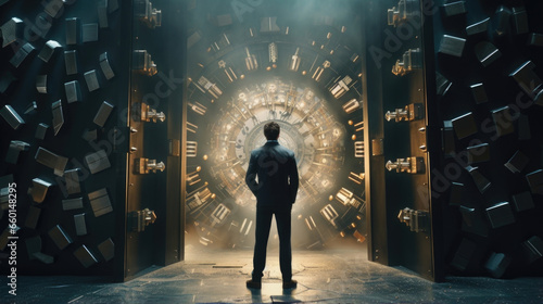 Scifi scene of a Quantum Cryptographer standing in front of a massive vault, guarding the most sensitive information in the universe with their unbreakable quantum encryption techniques. photo