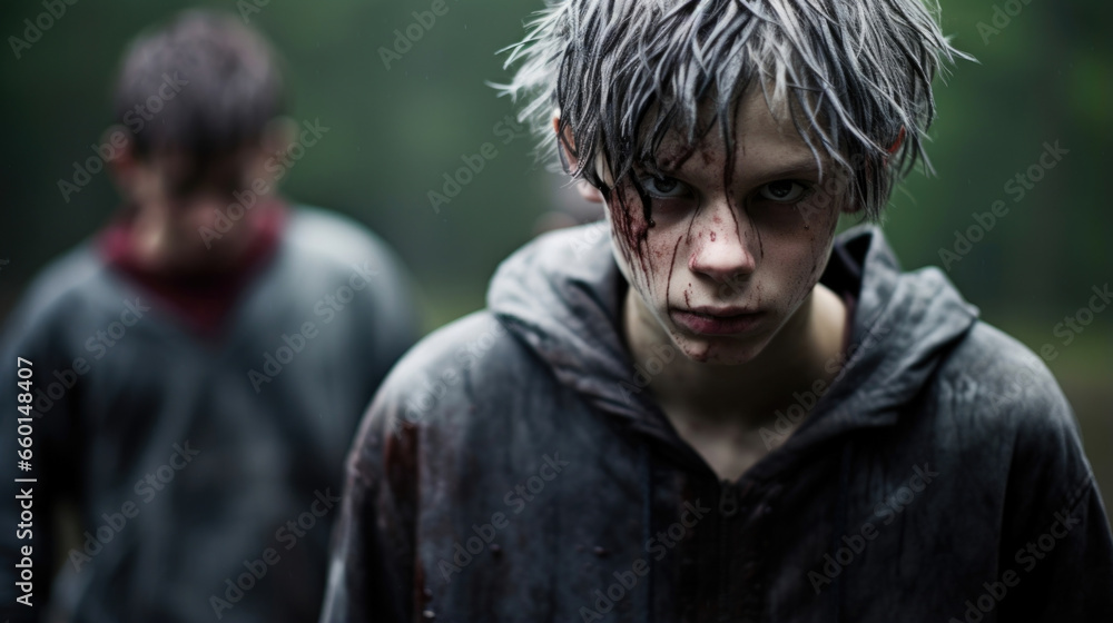 Closeup of a young cult member, torn between their loyalty to the group and their doubts about its extreme teachings, as they struggle with their conscience. Closeup of a young cult member, torn between their loyalty to the group and their doubts about its extreme teachings, as they struggle with their conscience.