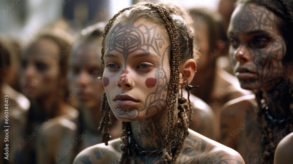 Closeup of a cult ceremony where members undergo extreme body modifications in order to physically resemble their deity, demonstrating their unwavering devotion.