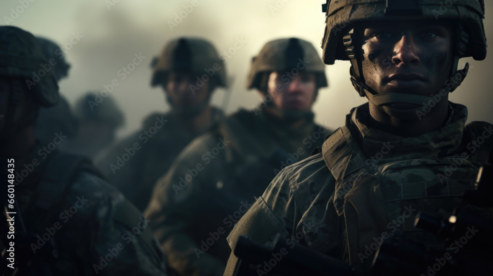 Scifi scene of a hybrid army, with soldiers of varying physical abilities and strengths, united in their mission to protect their dual heritage. Scifi scene of a hybrid army, with soldiers of varying physical abilities and strengths, united in their mission to protect their dual heritage.