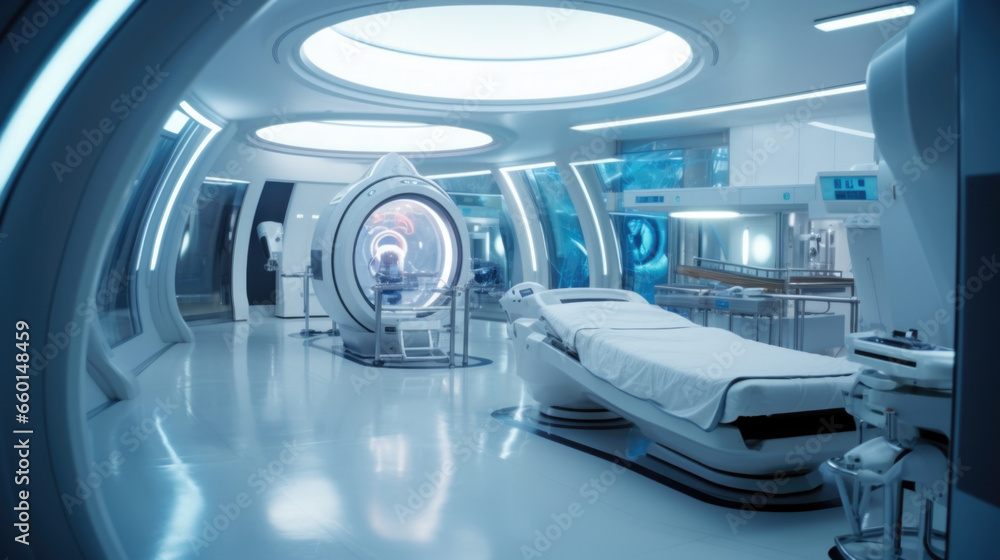 Scifi scene of a futuristic hospital, where patients are being treated using alien biotech devices. Doctors can now cure diseases and injuries that were once considered incurable, thanks