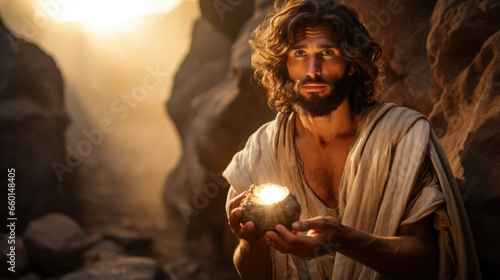 Portrait of a man holding a sacred artifact and leading his cult in a quest to find the promised land, leaving a trail of destruction in their wake.