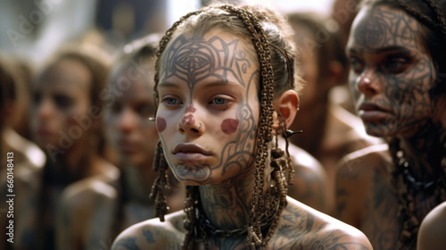 Closeup of a cult ceremony where members undergo extreme body modifications in order to physically resemble their deity, demonstrating their unwavering devotion. photo