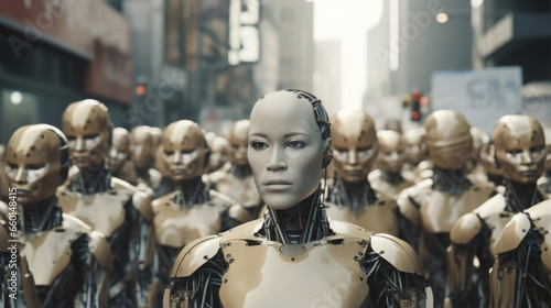 Scifi scene showing a group of AI beings holding a peaceful protest, demanding equal rights and representation in human societies.