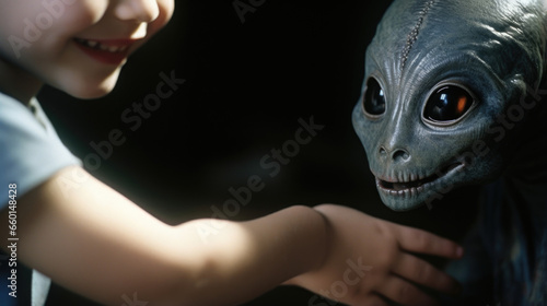 Closeup of a human child holding hands with a small, wideeyed alien child, as they exchange smiles and communicate using telepathy.