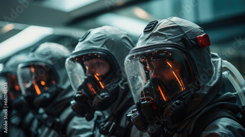 Portrait of a group of surviving humans, covered in protective suits and wielding futuristic weapons, as they strategize for an attack against their extraterrestrial oppressors.