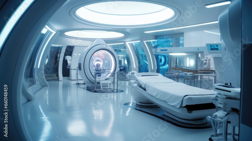 Scifi scene of a futuristic hospital, where patients are being treated using alien biotech devices. Doctors can now cure diseases and injuries that were once considered incurable, thanks