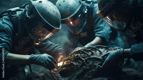 Portrait of a team of alien archaeologists carefully extracting a perfectly preserved, handsized spaceship from the depths of an ancient burial site. photo