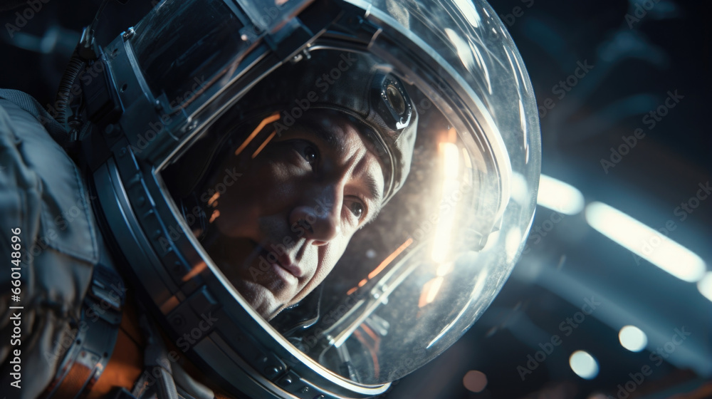 Portrait of a brave astronaut floating through the vacuum of space, repairing a malfunctioning part on the exterior of an interstellar spacecraft.