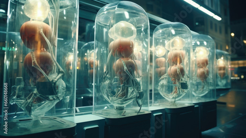 Scifi scene of a world in which biostasis has become the norm, with organ storage facilities lining the streets and people regularly undergoing organ preservation procedures to extend their photo