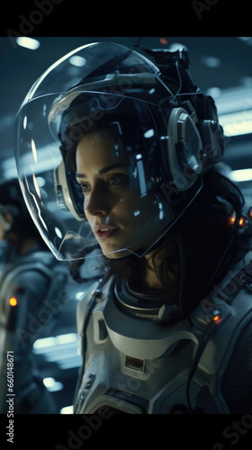 Scifi scene of a team of astronauts using cognitive augmentation devices to enhance their decisionmaking and problemsolving abilities while exploring a distant planet.