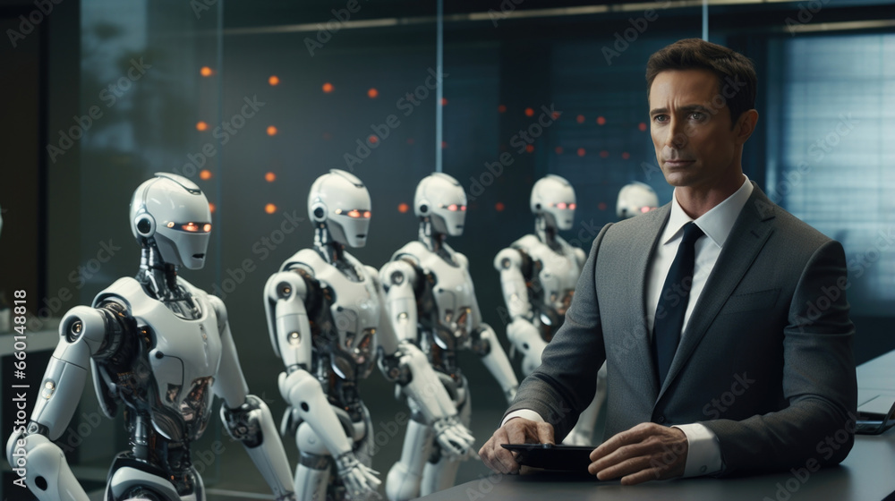 Scifi scene of an AI Ethics Consultant leading a group of robots in a training exercise focused on ethical decisionmaking, emphasizing the importance of moral reasoning in AI. - obrazy, fototapety, plakaty 