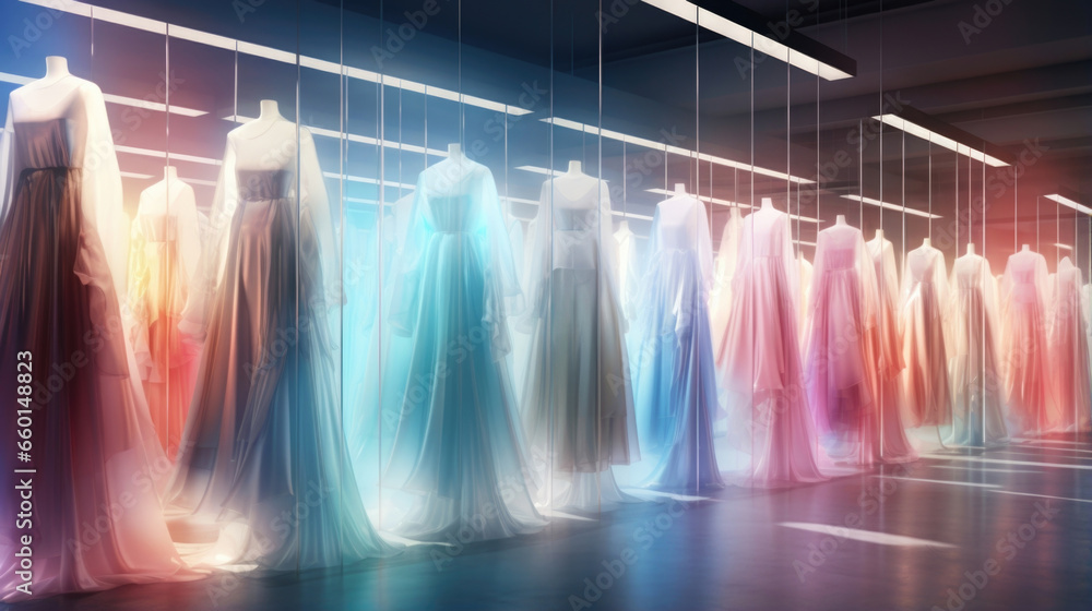 Scenes With Racks Scifi scene of a holographic fashion studio, where racks of virtual ...