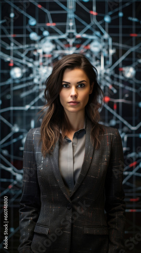 Portrait of an AI psychologist standing in front of a wall covered in complex algorithms and data charts, a testament to their expertise in deciphering and understanding the intricate workings