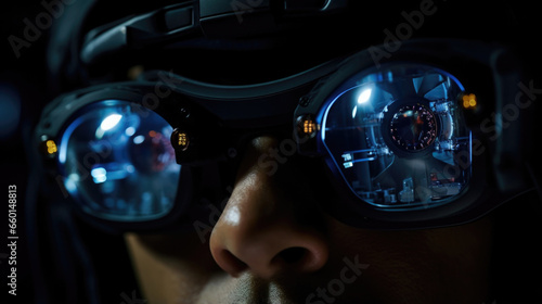 Closeup of the directors eyes, which are completely covered by virtual reality lenses. The lenses display a holographic interface, allowing the director to seamlessly manipulate and edit