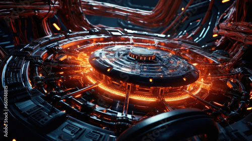 Scifi scene depicting the inner workings of a timetraveling vessel, as the Time Travel Technician navigates through a maze of wires and circuit boards while adjusting the ships trajectory.