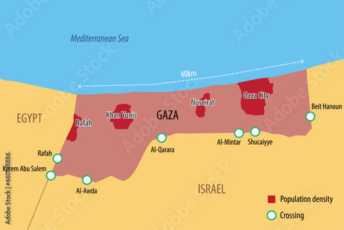 Vector map of the Gaza Strip with the main cities and border crossings © Dimitrios