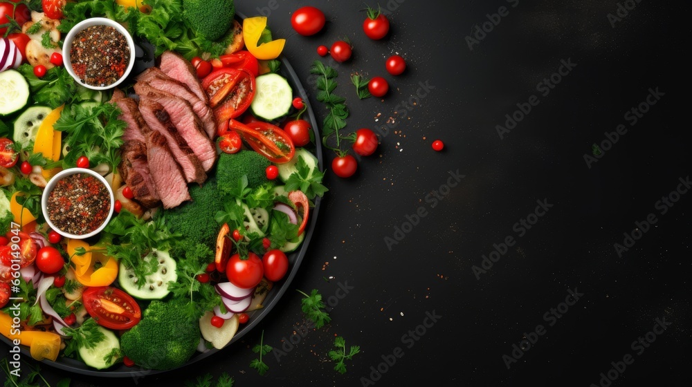 mockup shot Assorted dinner spread pan fried meat and veggies salad and snacks, top view, copy space concept