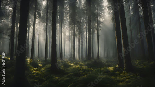 Mysterious dark forest with fog and sunbeams. 3D rendering
