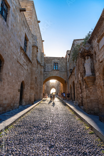 Panorama of old town, famous Knights Grand Master Palace and Mandraki port, Rhodes island, Greece.