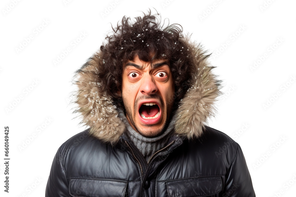 Angry man with crazy facial gesture wearing winter jacket. Headshot on white transparent background Angry man with crazy facial gesture wearing winter jacket. Headshot on white transparent background