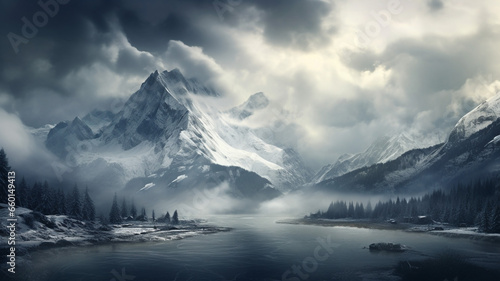 Landscape illustration of alps with a snow rock mountain. Created with Generative AI