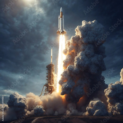 Journey to the Stars.Rocket Launch from Space with Fire and Smoke. Generative Ai