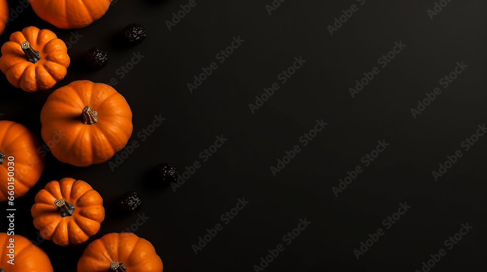 Halloween pumpkins on dark background. Autumn background. Holiday Halloween. Flat lay style, copy space Halloween pumpkins on dark background. Autumn background. Holiday Halloween. Flat lay style, copy space