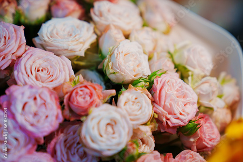 Large and beautiful bouquet of pink roses. 