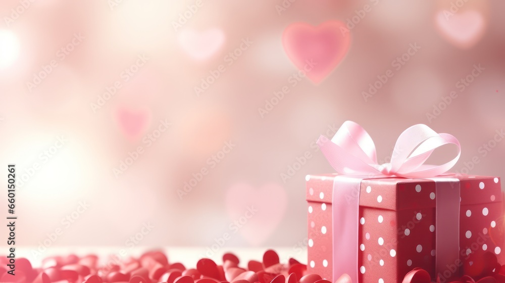 Fototapeta premium Romantic pink background with beautiful blurred bokeh and a gift box for Valentine banner or promotion 