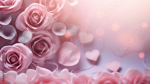 A romantic Valentine s background with beautiful roses. It features a lovely  romantic pink or blush pink backdrop with a beautiful blur effect  perfect for greeting cards  wedding invitations