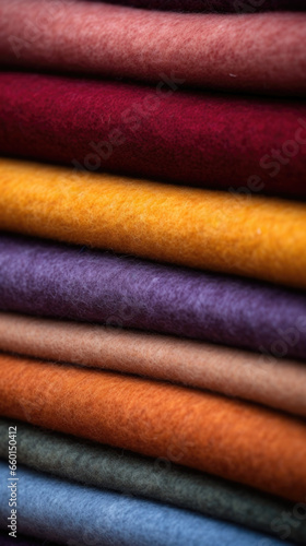 Closeup of wool felt The texture of wool felt is smooth and dense, with a slightly fuzzy surface. The fibers are matted together, giving it a strong and durable quality. Wool felt is often