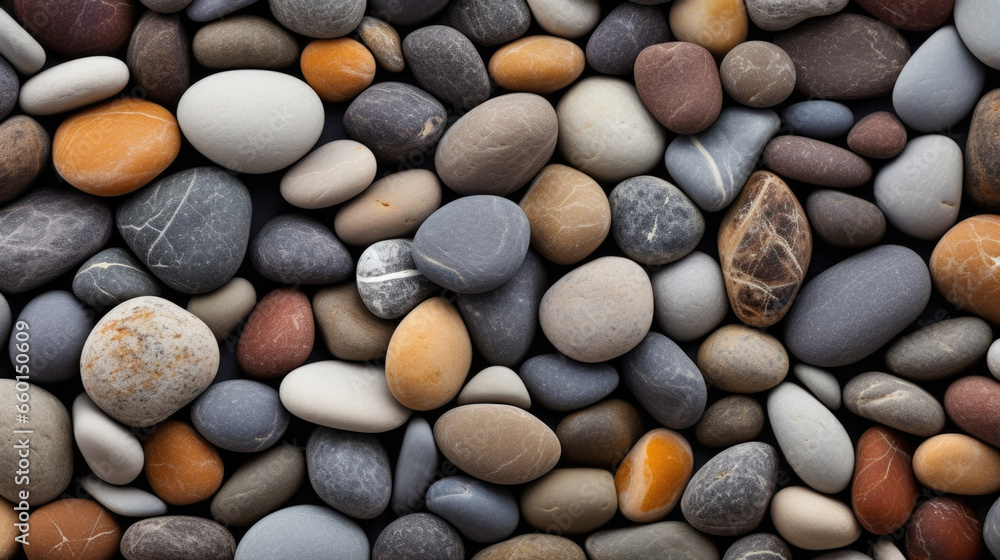 Closeup of polished river pebbles, exhibiting a blend of warm and cool tones, with a range of textures from smooth to slightly rough. Closeup of polished river pebbles, exhibiting a blend of warm and cool tones, with a range of textures from smooth to slightly rough.