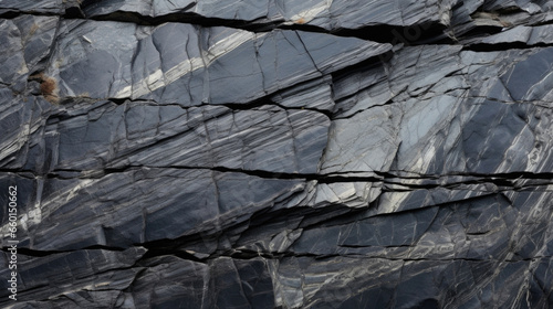 Closeup of black Schist with tight, foliated layers intertwined with each other. The layers have a glossy sheen and reflect light in various directions.