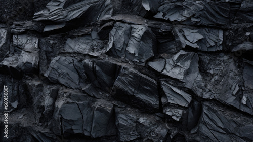 View of volcanic basalt with jagged edges, displaying a striking contrast of dark charcoal and coal black hues with irregular, sharp edges and a gritty, uneven texture. © Justlight