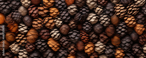 Texture of a fallen pinecone, with sharp, ly scales in shades of dark brown and caramel. The rough, rugged texture of the pinecones exterior contrasts against the smooth, rounded shape of